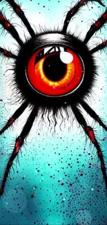 Surreal eyeball spider with vivid colors on an aqua background.