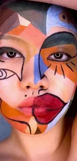 Abstract face painted with colorful geometric shapes.