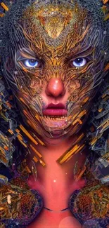 Intricate abstract face digital art with gold and vibrant hues for mobile wallpaper.