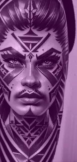 Abstract face tattoo art in purple tones.