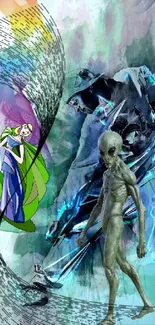 Surreal fantasy and alien art digital wallpaper with colorful abstract elements.