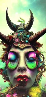 Vibrant abstract fantasy art with a horned figure and colorful elements.