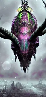 Mystical creature with purple and green hues in a surreal landscape.