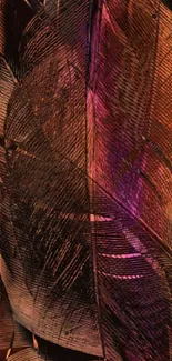 Abstract feather art with copper and purple tones.