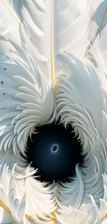 Intricate feathered vortex design in abstract style with dominant white