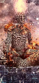 Abstract fiery maze design wallpaper with a meditative figure.