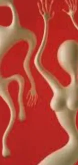 Abstract figures on a bold red background.