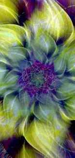 Abstract floral art wallpaper with vibrant green and purple hues.