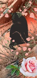 Abstract wallpaper with black cat and pink roses on coral background.