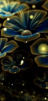 Abstract floral fantasy wallpaper with glowing blue flowers and dark background.