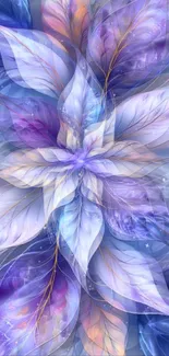 Colorful abstract floral design with purple and blue leaves.