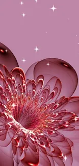 Abstract red floral design on dusty rose background.