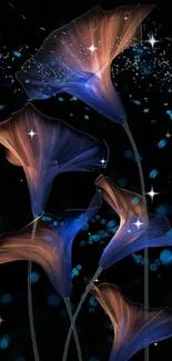 Abstract floral night-themed wallpaper with glowing flowers.