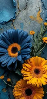 Vivid blue and orange flowers on a textured background.