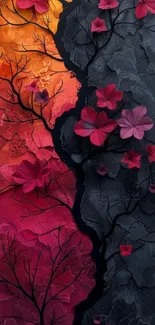 Abstract floral wallpaper with red and black hues.