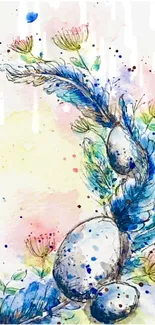 Abstract watercolor design with flowers and pastel colors.