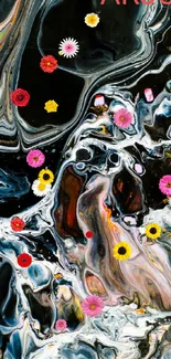 Abstract fluid art wallpaper with black background.