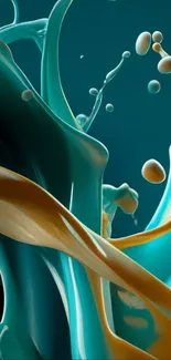 Abstract fluid art with teal and gold splashes.