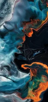 Abstract fluid art with blue and orange swirls.