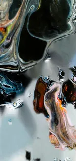 Vibrant abstract fluid marble art in silver and colorful hues.