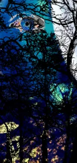 Abstract wallpaper with eye over dark forest branches and blue tones.