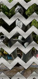 Abstract zigzag overlay on park fountain image.