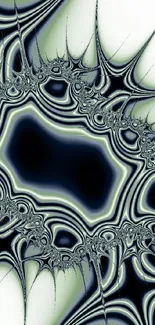 Intricate abstract fractal art with dark blue and white patterns.