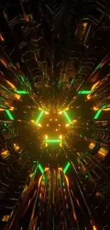 Abstract design with green and yellow neon lights forming a futuristic tunnel.