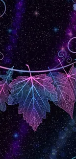 Abstract galaxy wallpaper with vibrant leaves on a starry background.