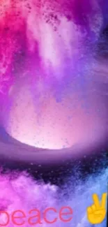 Abstract galaxy wallpaper in pink and purple tones with peace symbol.