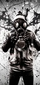 Abstract figure in gas mask with black paint splatters.