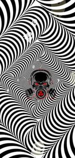 Abstract wallpaper with a central gas mask and hypnotic black and white design.