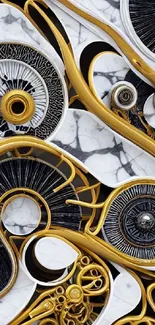 Abstract gear art with gold and marble textures in a modern design.