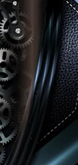 Intricate gears with leather texture wallpaper.