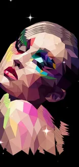 Colorful abstract geometric portrait on black background.