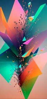 Vibrant abstract geometric mobile wallpaper with colorful 3D shapes.