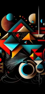 Abstract geometric art wallpaper with vibrant shapes on black background.