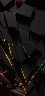 Abstract geometric black design with colorful highlights.