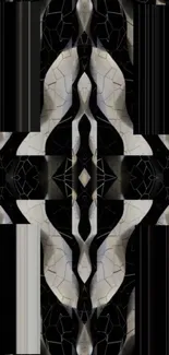 Abstract symmetrical black and white geometric wallpaper with intricate patterns.