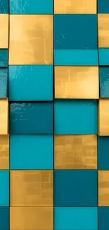 Abstract teal and gold block pattern wallpaper.