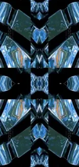 Abstract geometric blue pattern with sleek metallic reflections.