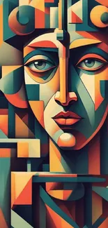 Abstract geometric face art with orange and blue hues.