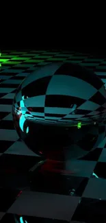 Abstract glass sphere on checkered surface in dark setting.