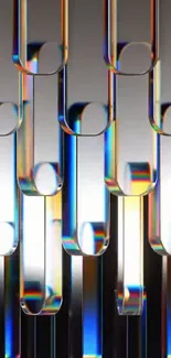 Abstract geometric glass shapes with a metallic rainbow sheen.