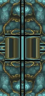 Abstract geometric wallpaper with gold and teal design.