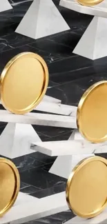 Abstract wallpaper with gold circles on marble.