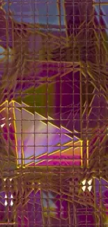 Abstract geometric grid wallpaper with vibrant colors and wireframe design.