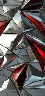 Abstract geometric metallic wallpaper with red accents.