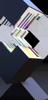 Abstract geometric shapes in bold colors on a black background.