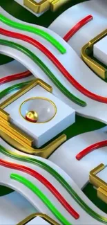 Abstract waves with geometric patterns in red, green, and gold on white background.